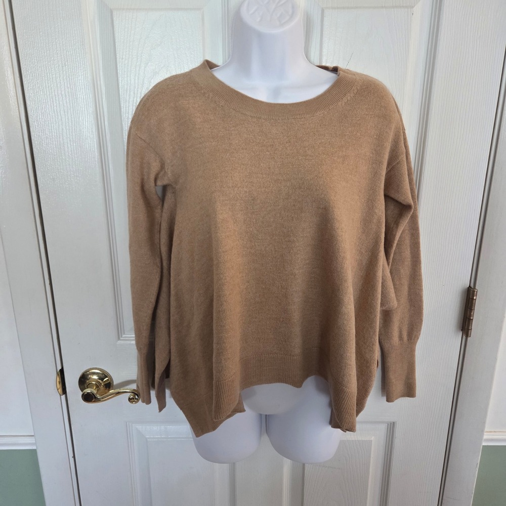 Anthropologie 100% Merino Wool Camel Tan High Low Crewneck Sweater Sm Side Slits